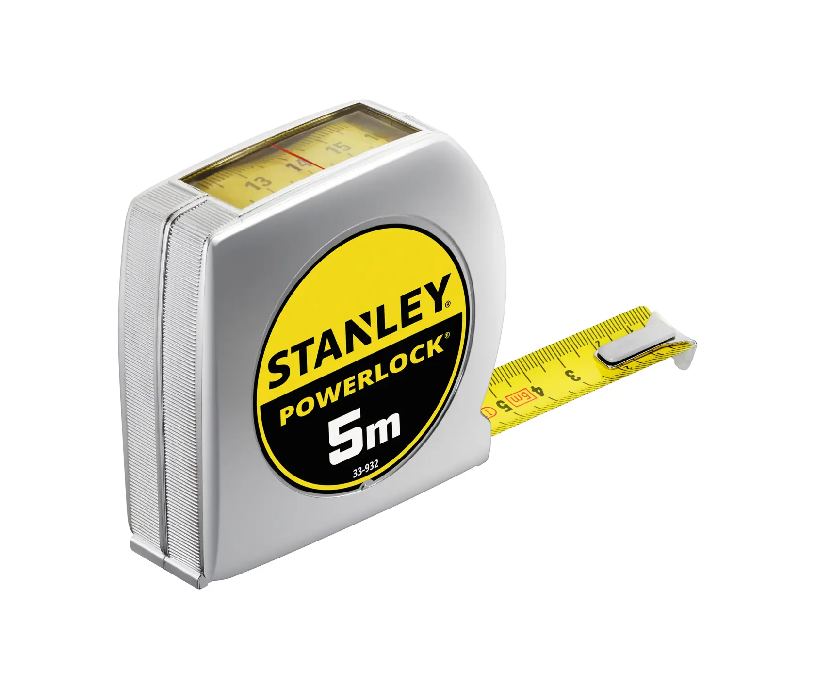 STANLEY 0-33-932 PowerLock 5m Maßband, silber und gelb, schräg auf weißem Hintergrund.