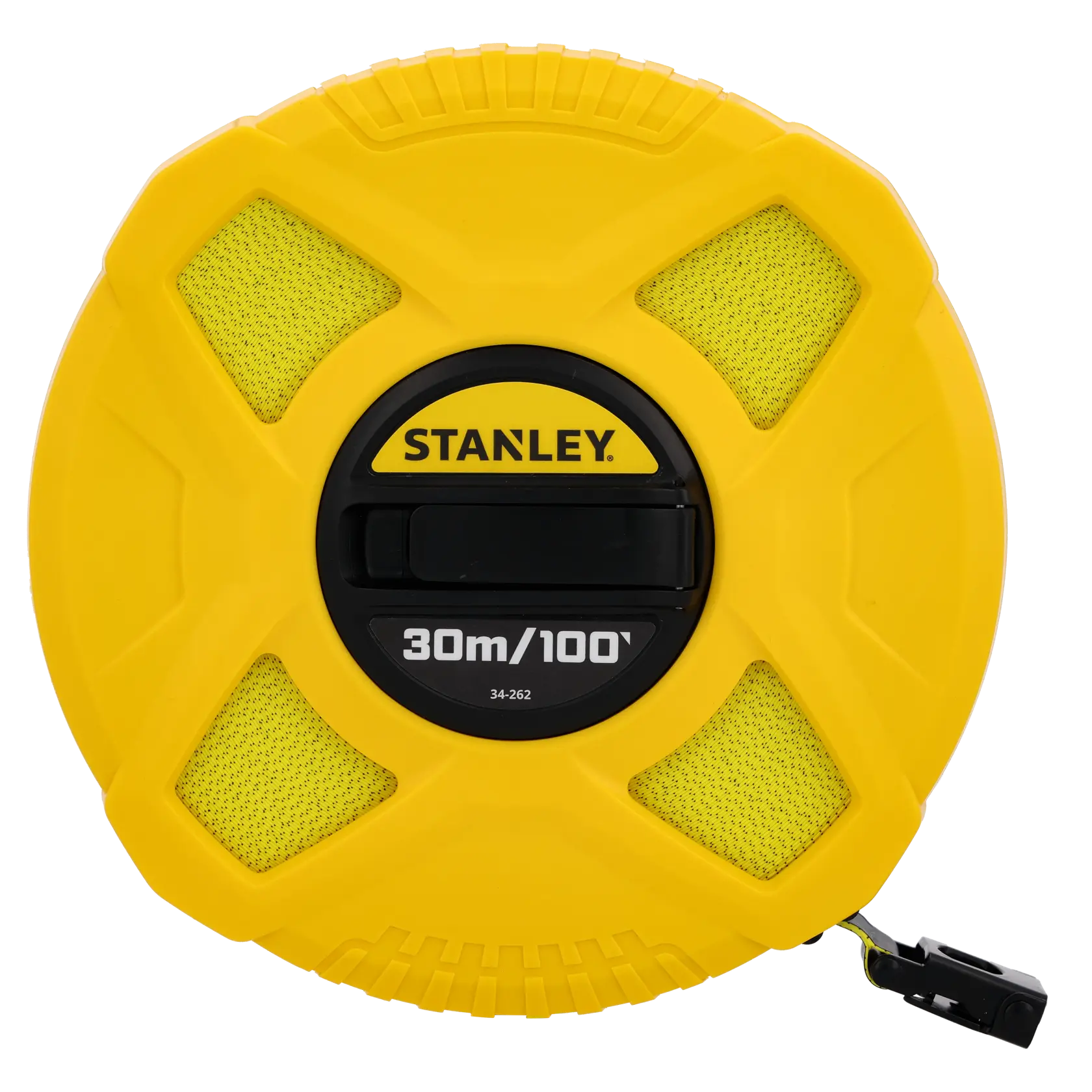 Photo of STANLEY 0-34-262 yellow closed reel measuring tape, 30m/100ft, front view on white background.