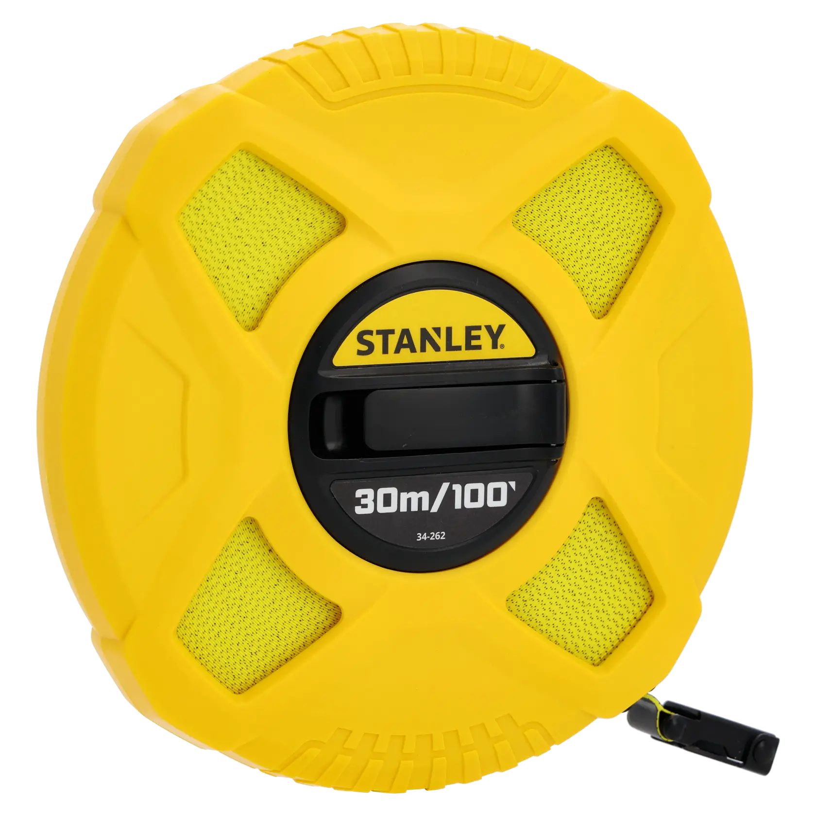 STANLEY 0-34-262 yellow 30m/100ft closed reel measuring tape, front angle on white background.