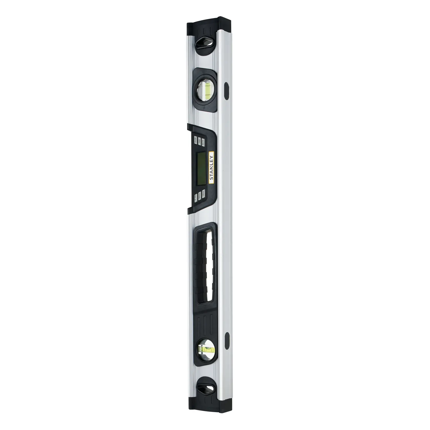 Photo of STANLEY 0-42-065 digital spirit level with LCD display, three vials, black and silver, front angle.