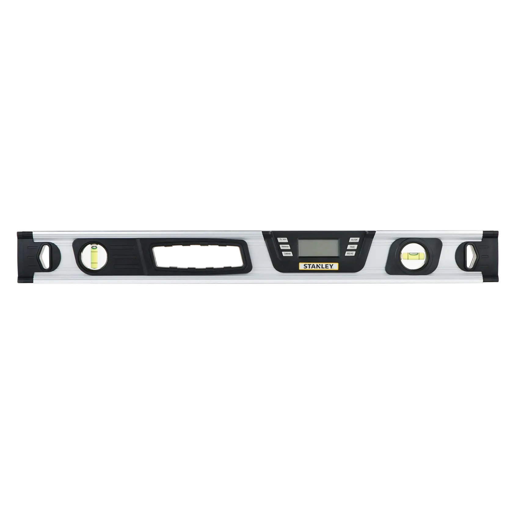 STANLEY 0-42-065 digital spirit level with LCD display, silver and black, front angle on white background.