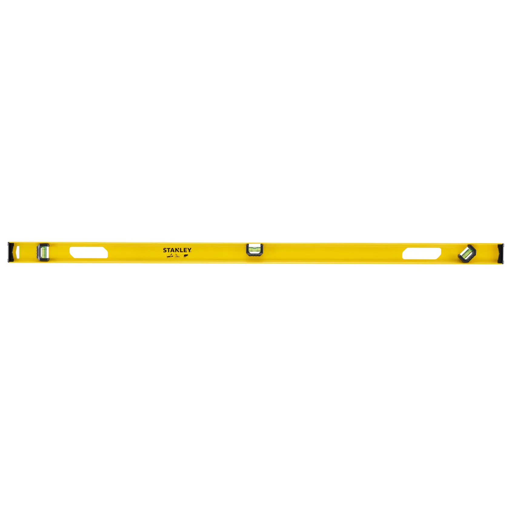 Photo of STANLEY 0-42-076 yellow spirit level, front view, with three vials and two handles.