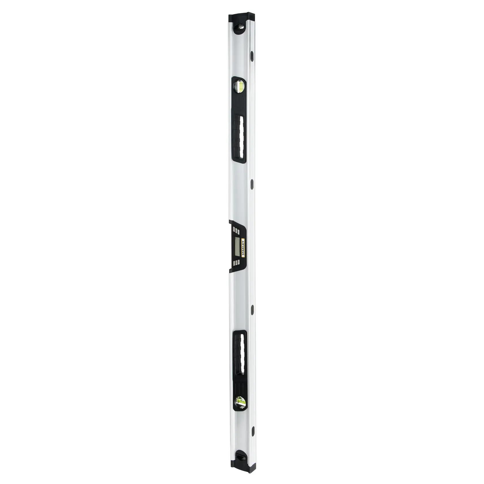 Photo of STANLEY 0-42-086 spirit level tool, silver with black handles, front angle on white background.