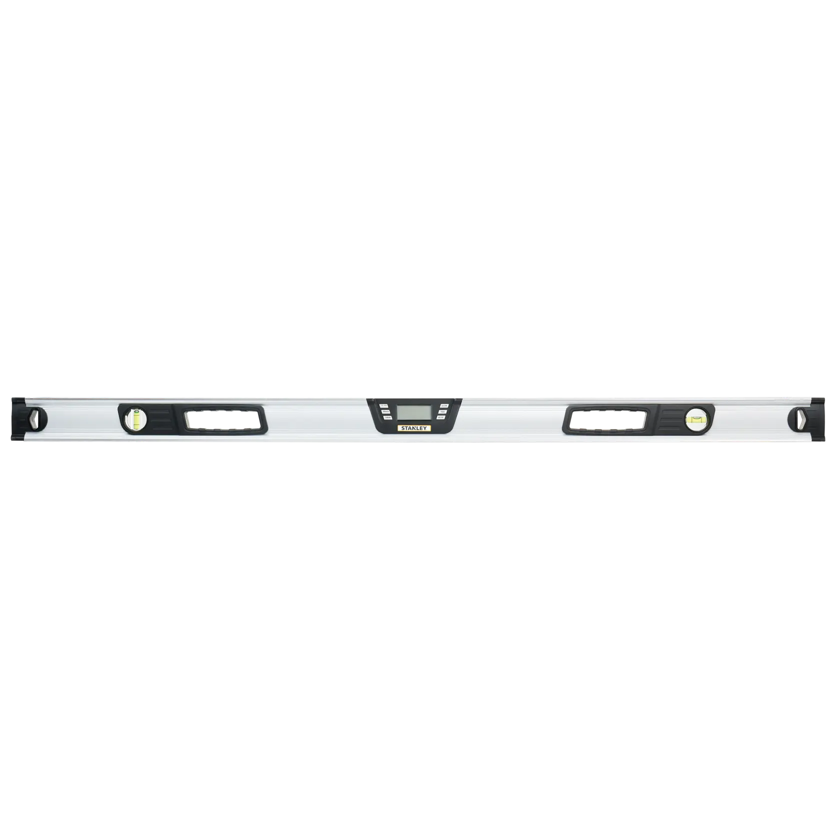 STANLEY 0-42-086 digital spirit level, silver with black accents, front view on white background.