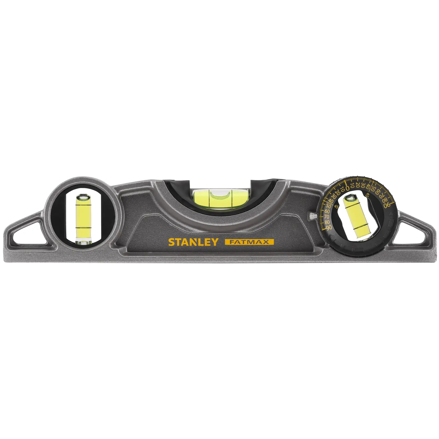 STANLEY 0-43-609 FATMAX torpedo level with three vials and protractor, front angle on white background.