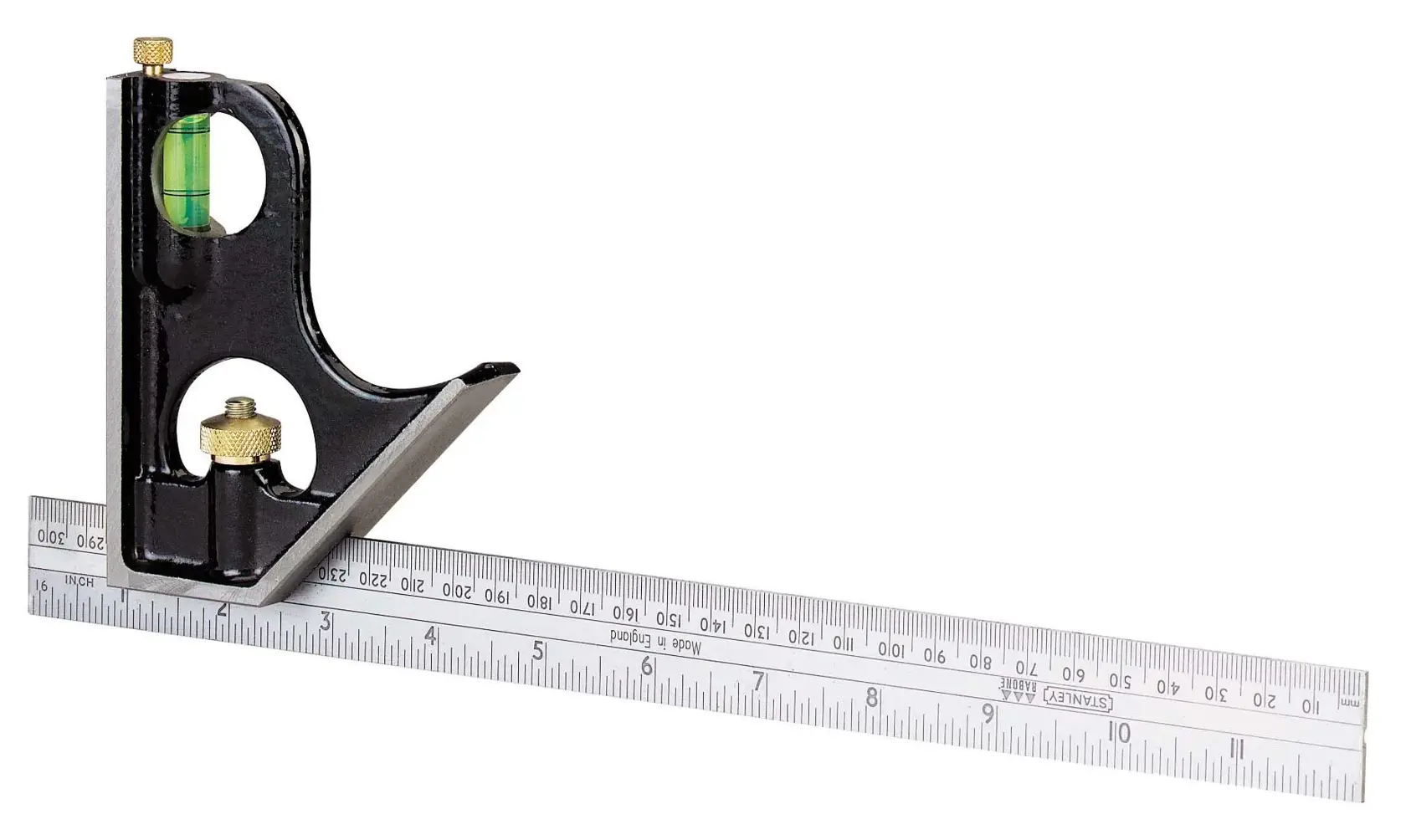Photo of STANLEY 0-46-151 combination square with metal ruler, black body, brass fittings, and bubble vial, side angle.