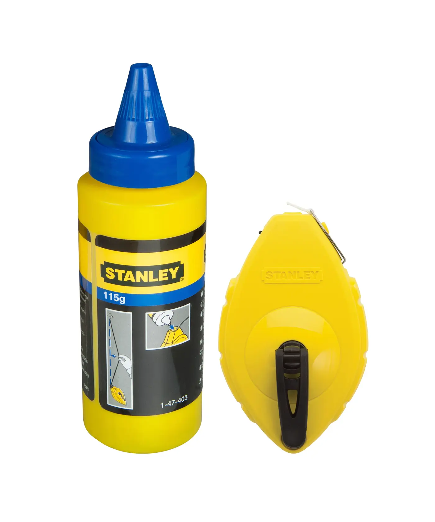 Stanley Linienzieher und gelbe Kreideflasche mit Blau zum Markieren gerader Linien.