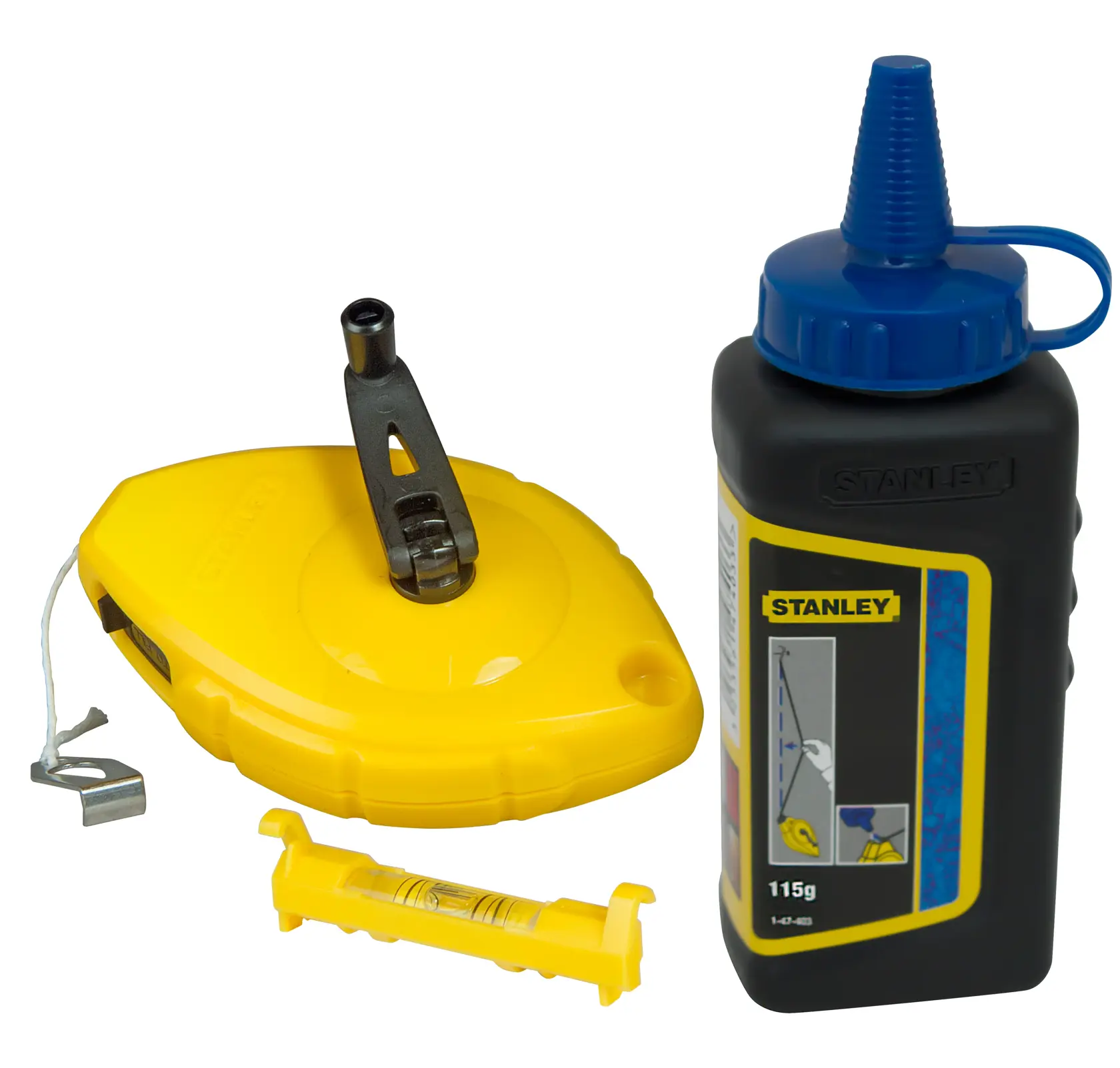 Stanley Markierungsset mit gelber Rolle, Kreidepulverflasche und kleinem Nivellierwerkzeug.