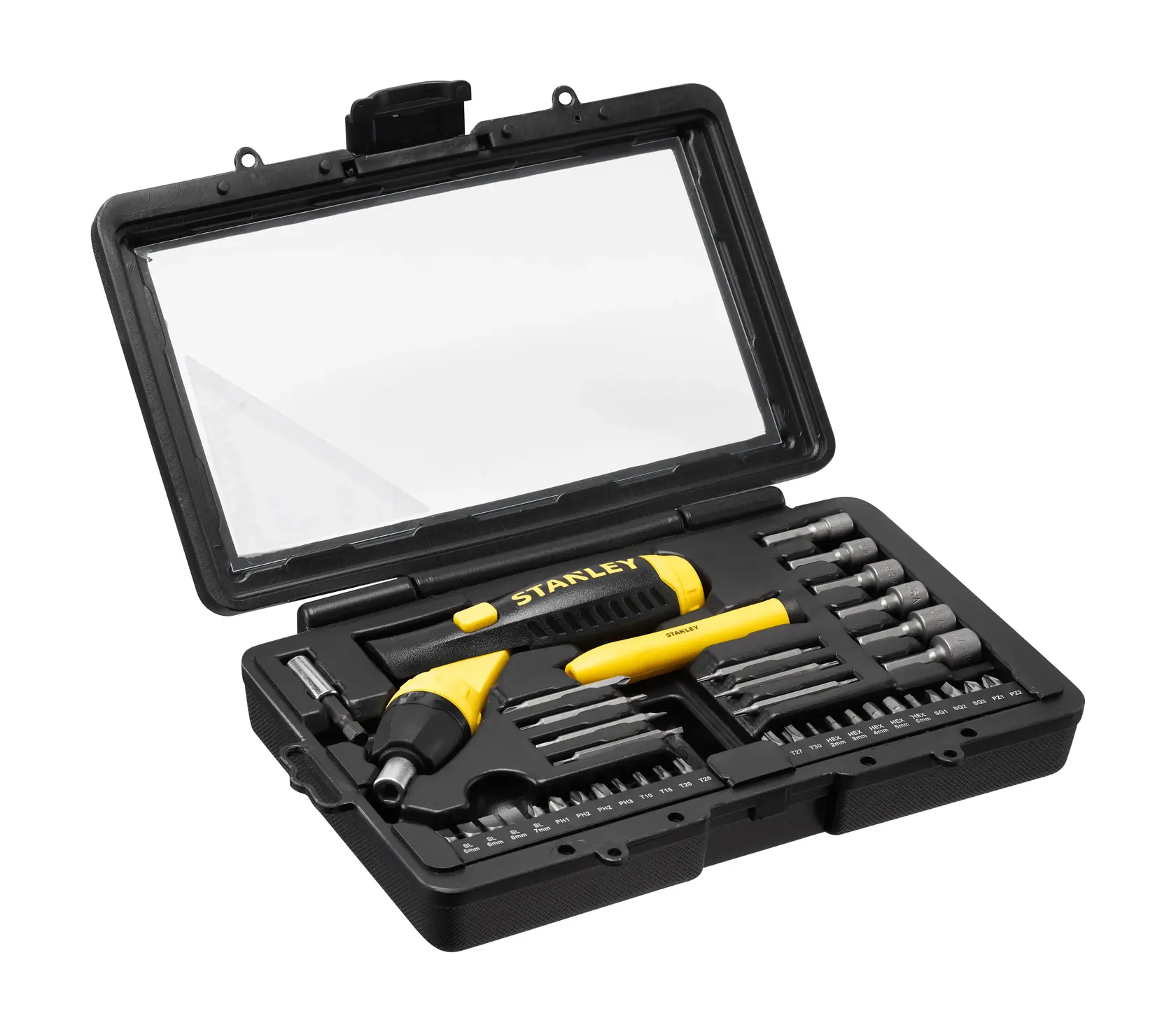 STANLEY 0-63-038 screwdriver and bit set in black hard case, photo of open set from above.