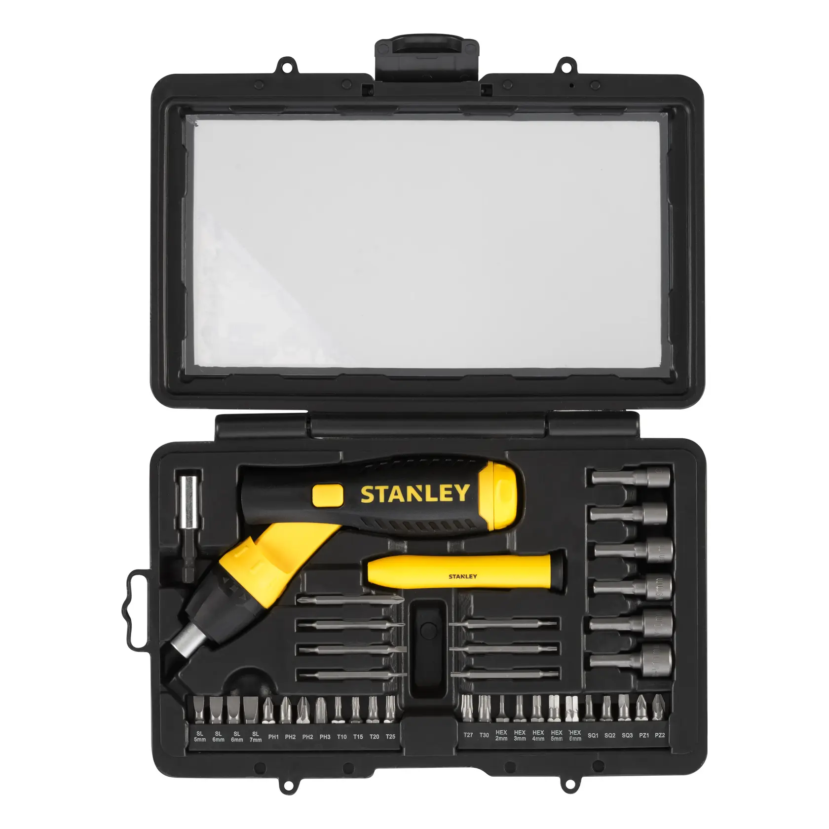 STANLEY 0-63-038 screwdriver and bit set in black case, top view, showing yellow and black handles and various bits.
