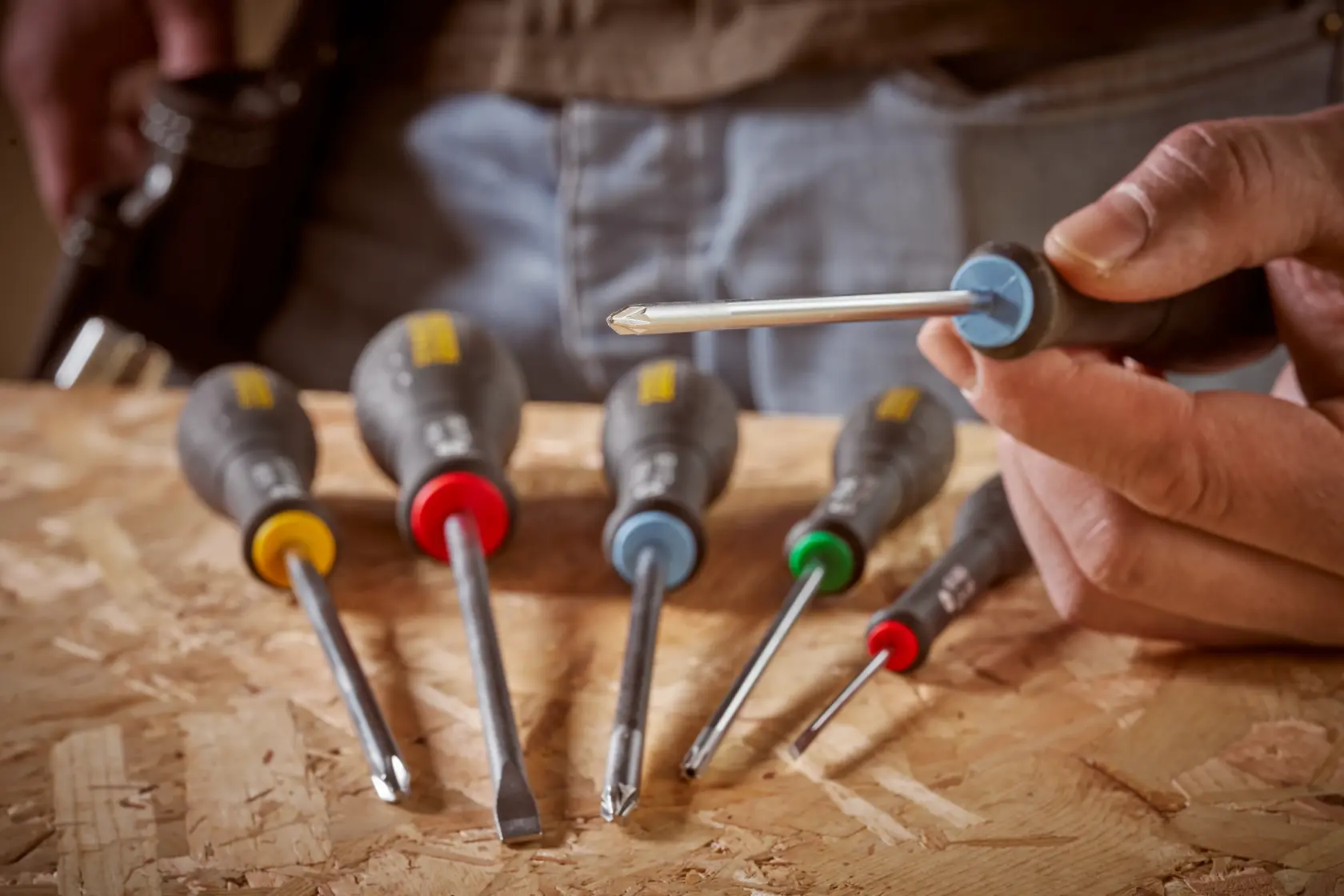 STANLEY 0-65-335 screwdriver set with colored handles shown on wooden surface, close-up.