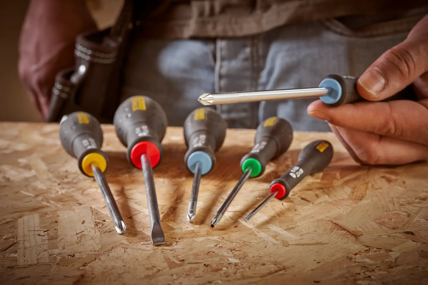 STANLEY 0-65-337 screwdriver set with colored handles on a wooden surface, close-up photography.
