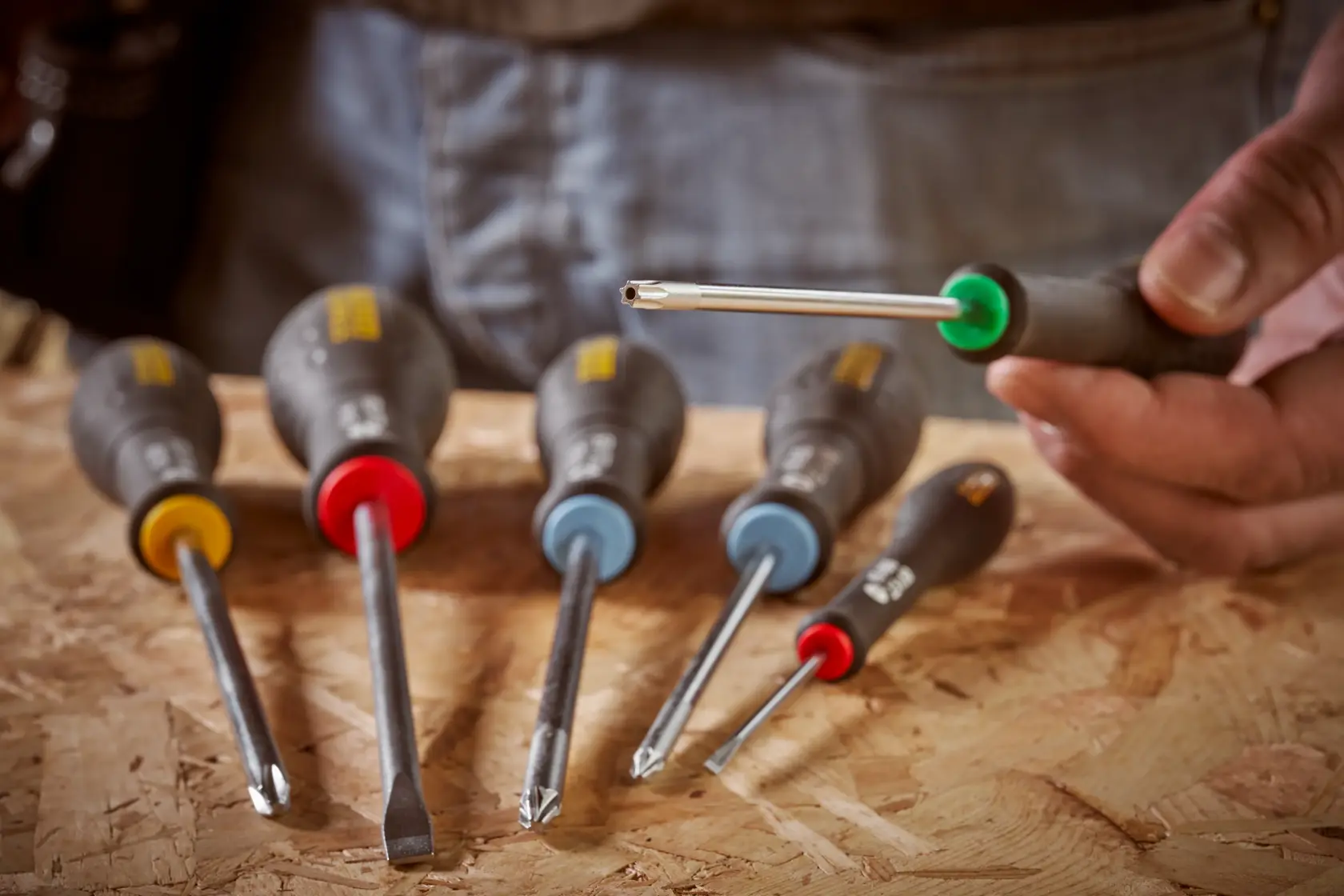 Photo of STANLEY 0-65-396 screwdriver set with color-coded handles on a wooden surface.