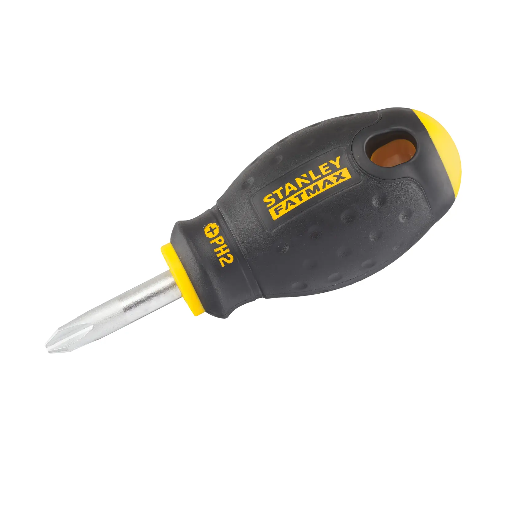 Stanley FatMax PH2 stubby Phillips screwdriver with a black and yellow ergonomic handle.