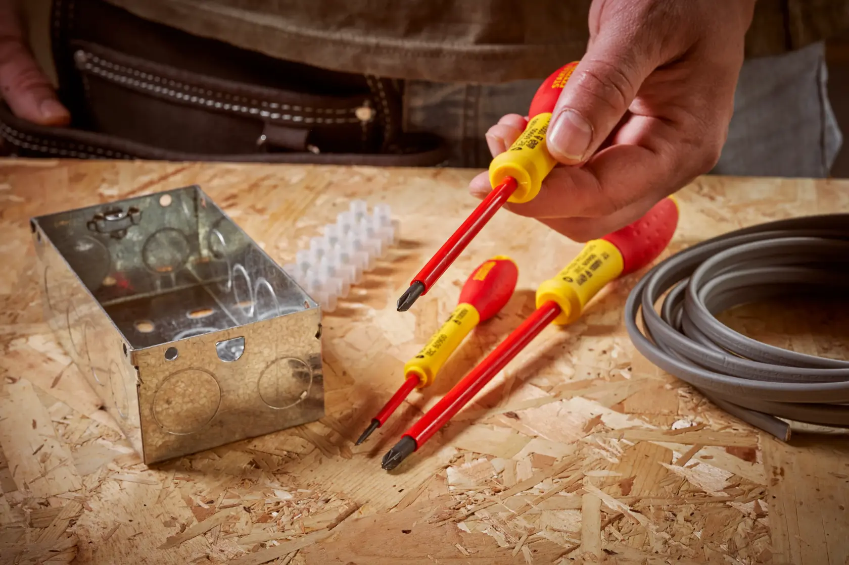 STANLEY 0-65-415 insulated screwdriver set with yellow and red handles, shown on a workbench with electrical parts.