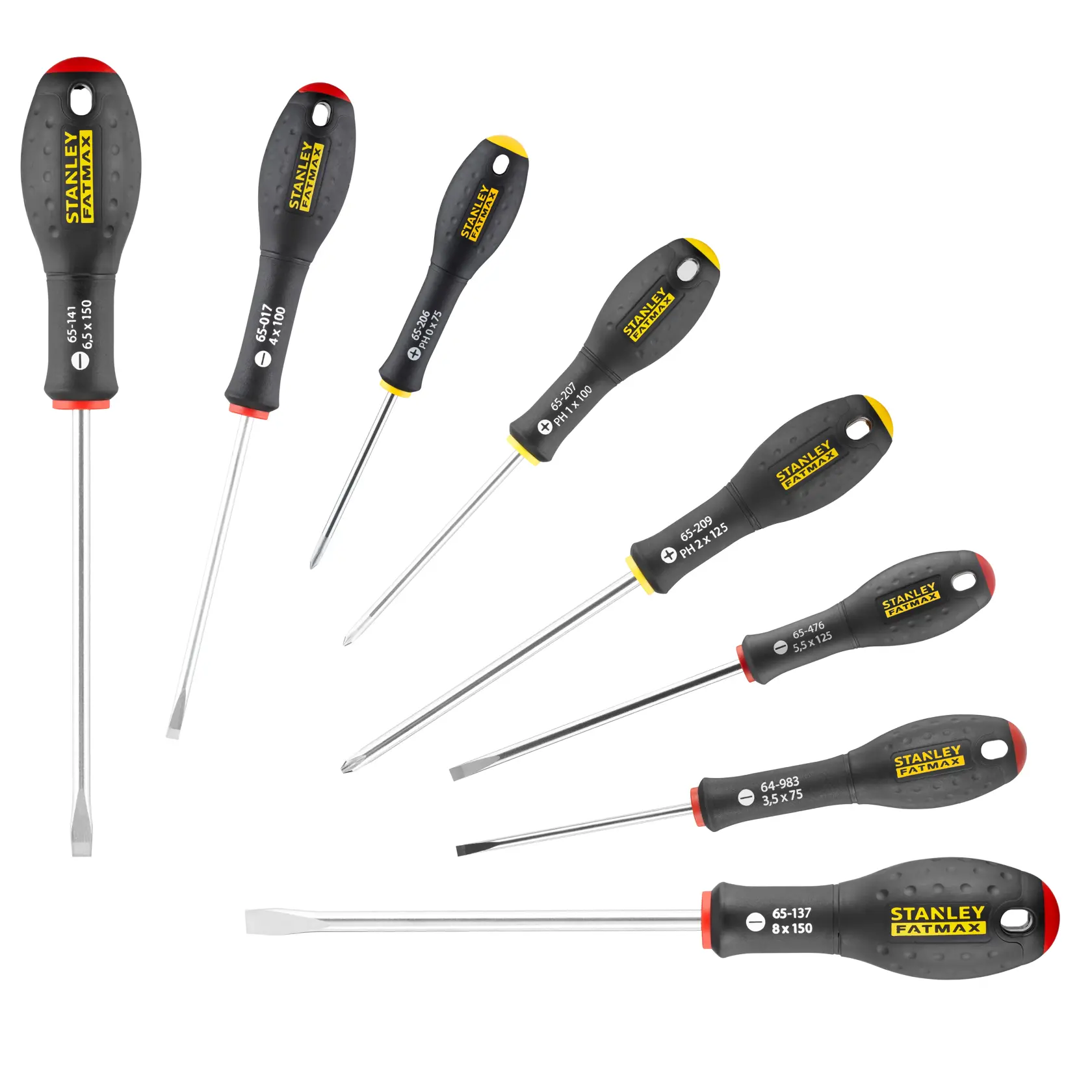 Eight STANLEY FATMAX screwdrivers with black handles are arranged on a white background, various sizes and types.