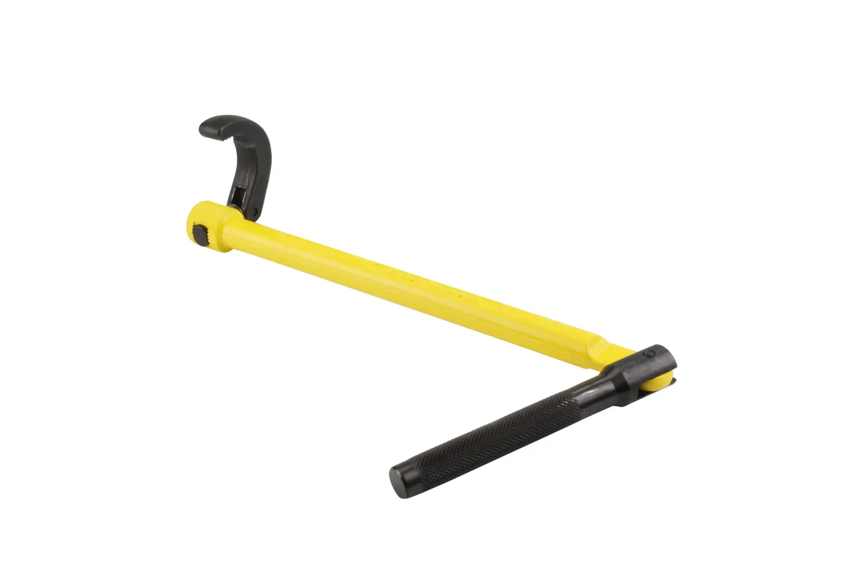 STANLEY 0-70-453 pipe wrench with yellow body and black handle, side angle on white background.