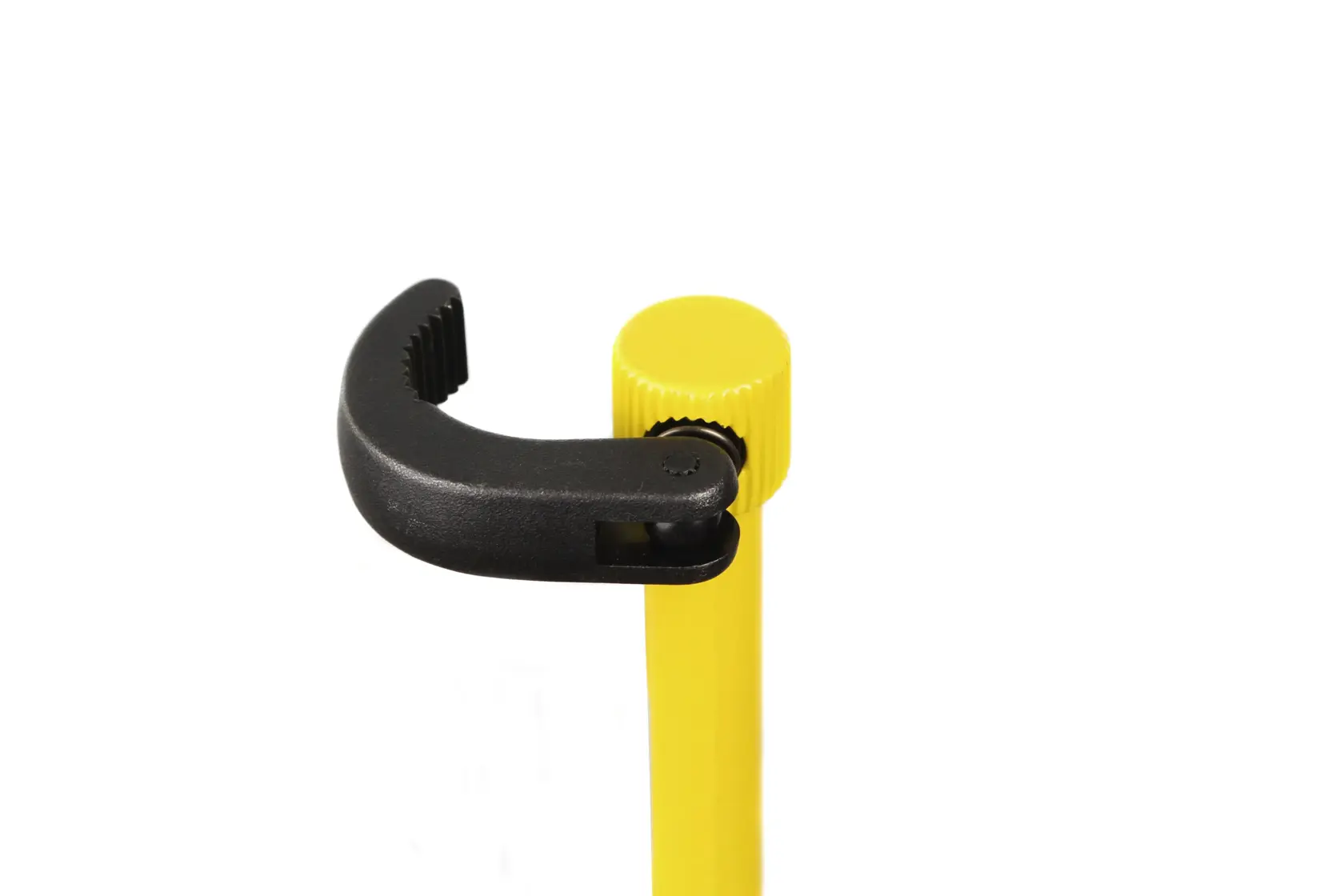Yellow Stanley tripod clamp with black adjustable holder for photography equipment.