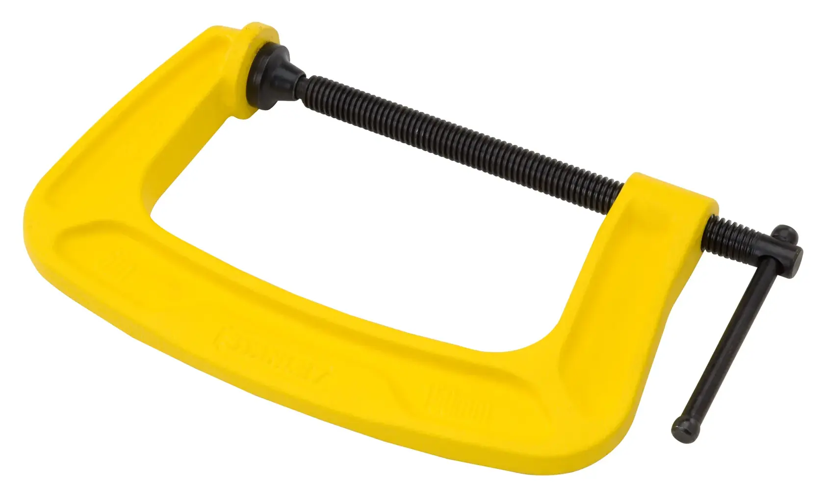 STANLEY 0-83-035 yellow C-clamp with black screw, side angle, photography clamp tool.