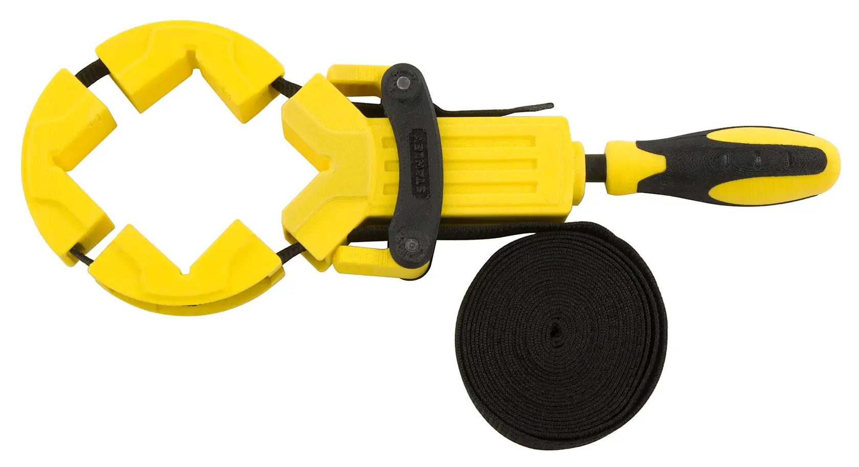 STANLEY 0-83-100 band clamp with yellow and black handle, photography on white background.