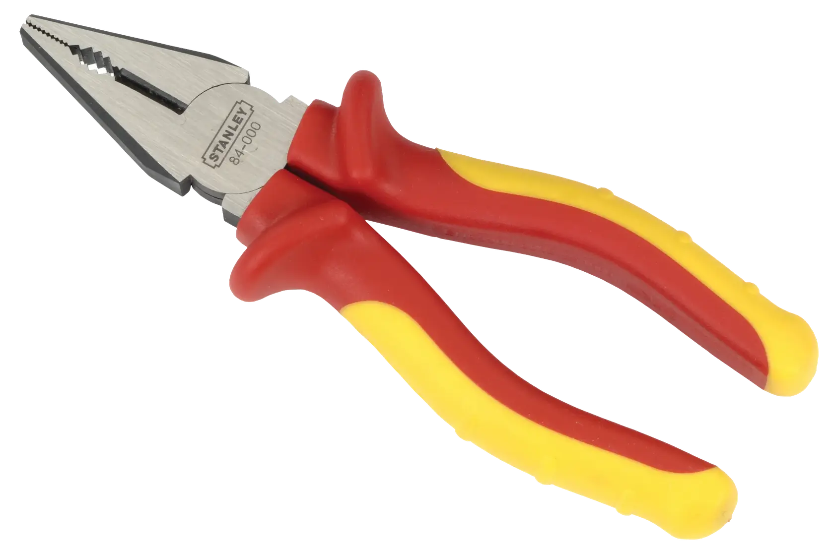 STANLEY 0-84-000 insulated combination pliers with red and yellow handle, angled on white background.