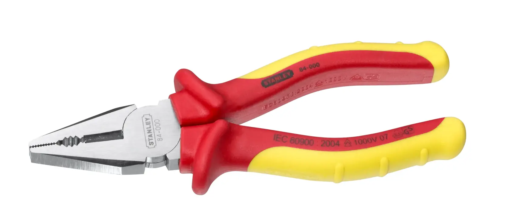STANLEY 0-84-000 insulated combination pliers with red and yellow handle, side view on white background.