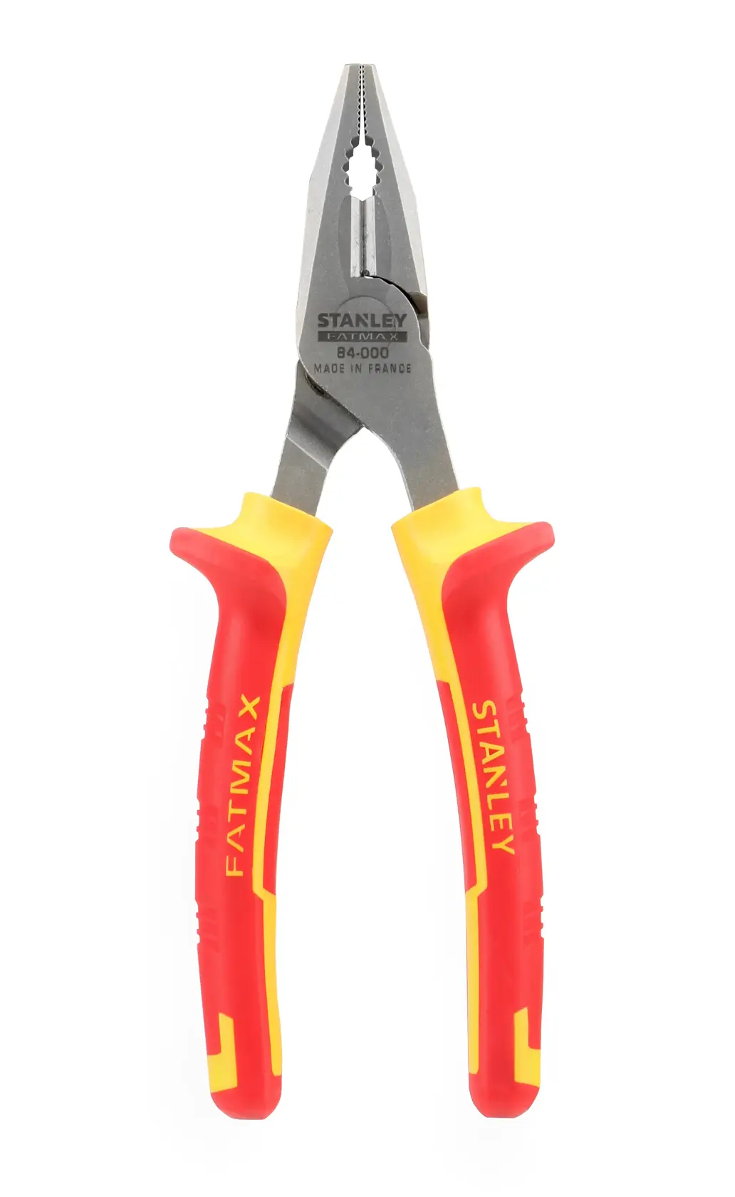 STANLEY 0-84-000 pliers with red and yellow insulated grips, front view, tool photography.