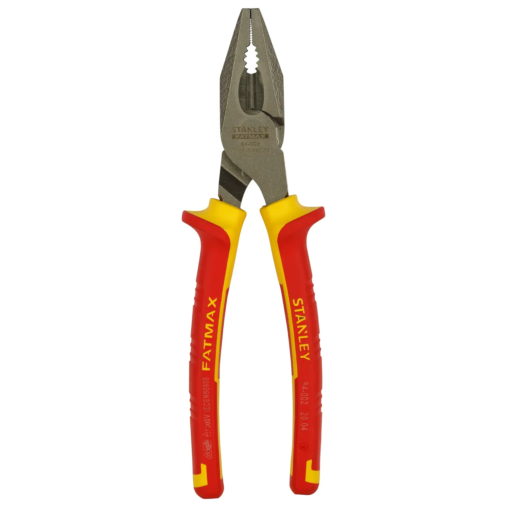 Stanley 0-84-002 insulated combination pliers with red and yellow handles, front view on white.