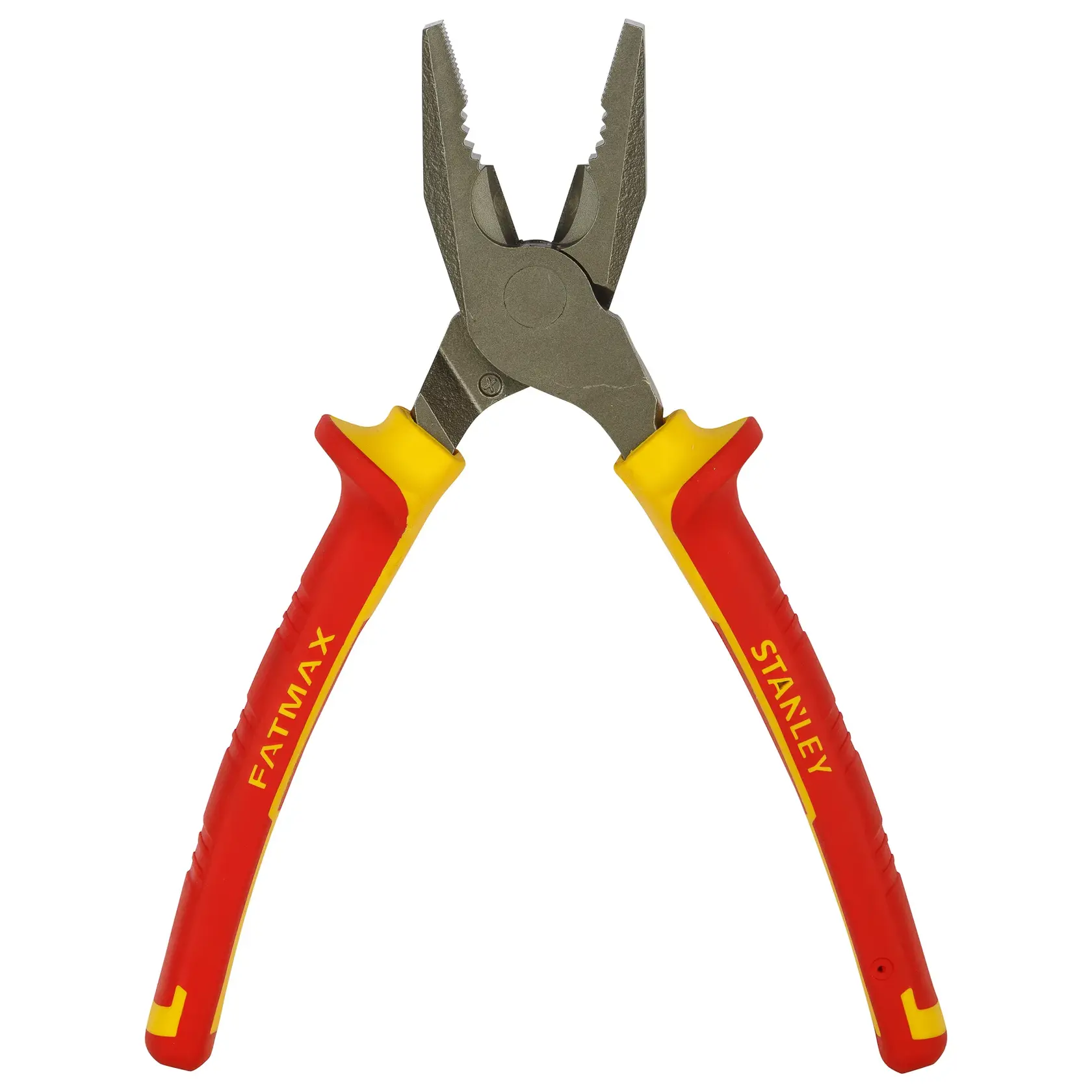 STANLEY 0-84-002 pliers with red and yellow insulated handles, front angle, photography of hand tool.