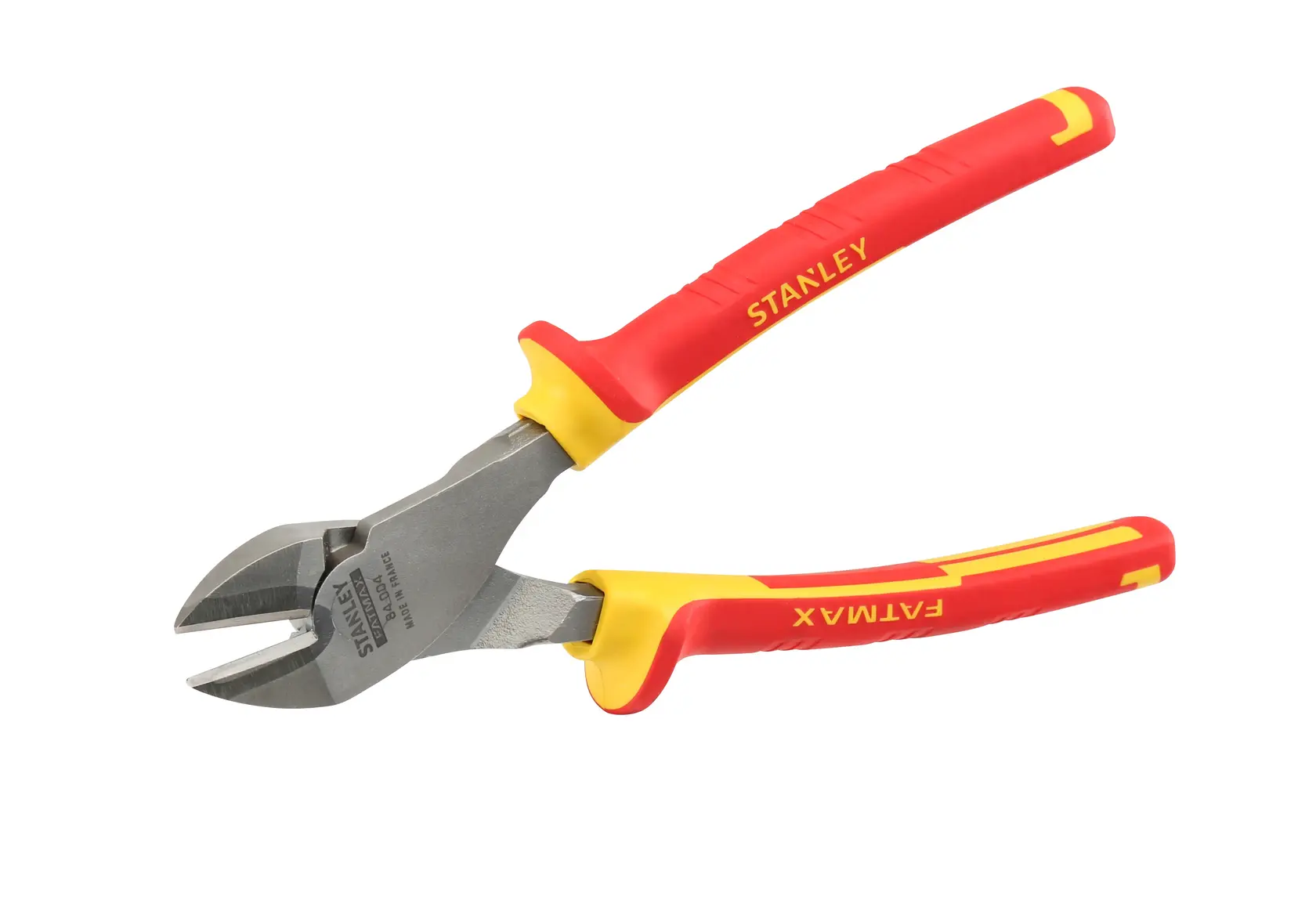 STANLEY 0-84-004 insulated diagonal cutting pliers with red and yellow handles, side view on white background.