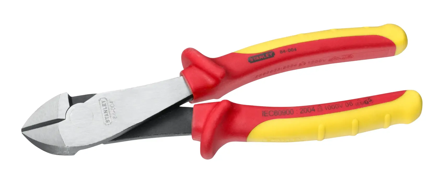 STANLEY 0-84-004 insulated diagonal cutting pliers with red and yellow handles, side angle on white.