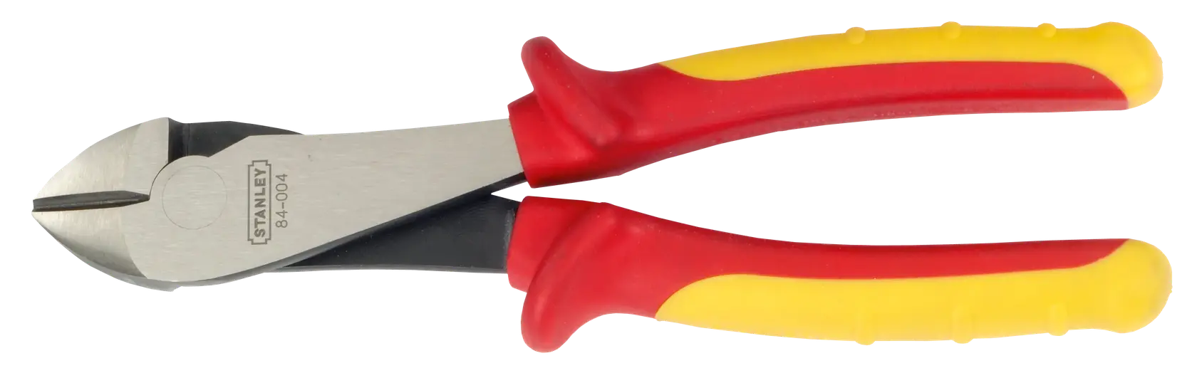 STANLEY 0-84-004 diagonal cutting pliers with red and yellow handles, side angle on white background.