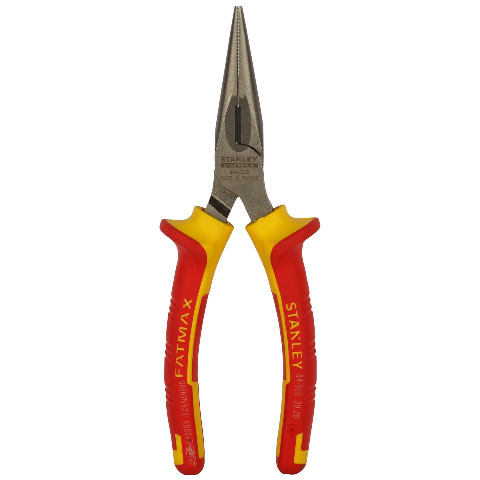STANLEY 0-84-006 insulated long nose pliers, red and yellow handles, front angle on white background.
