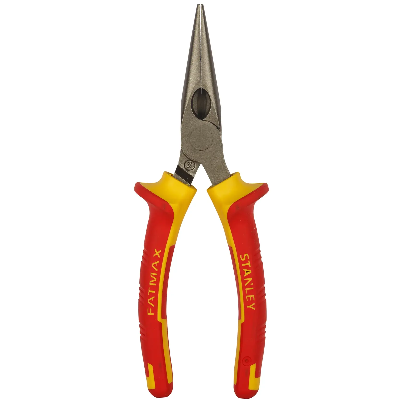 STANLEY 0-84-006 long nose pliers, red and yellow handles, front view on white background.