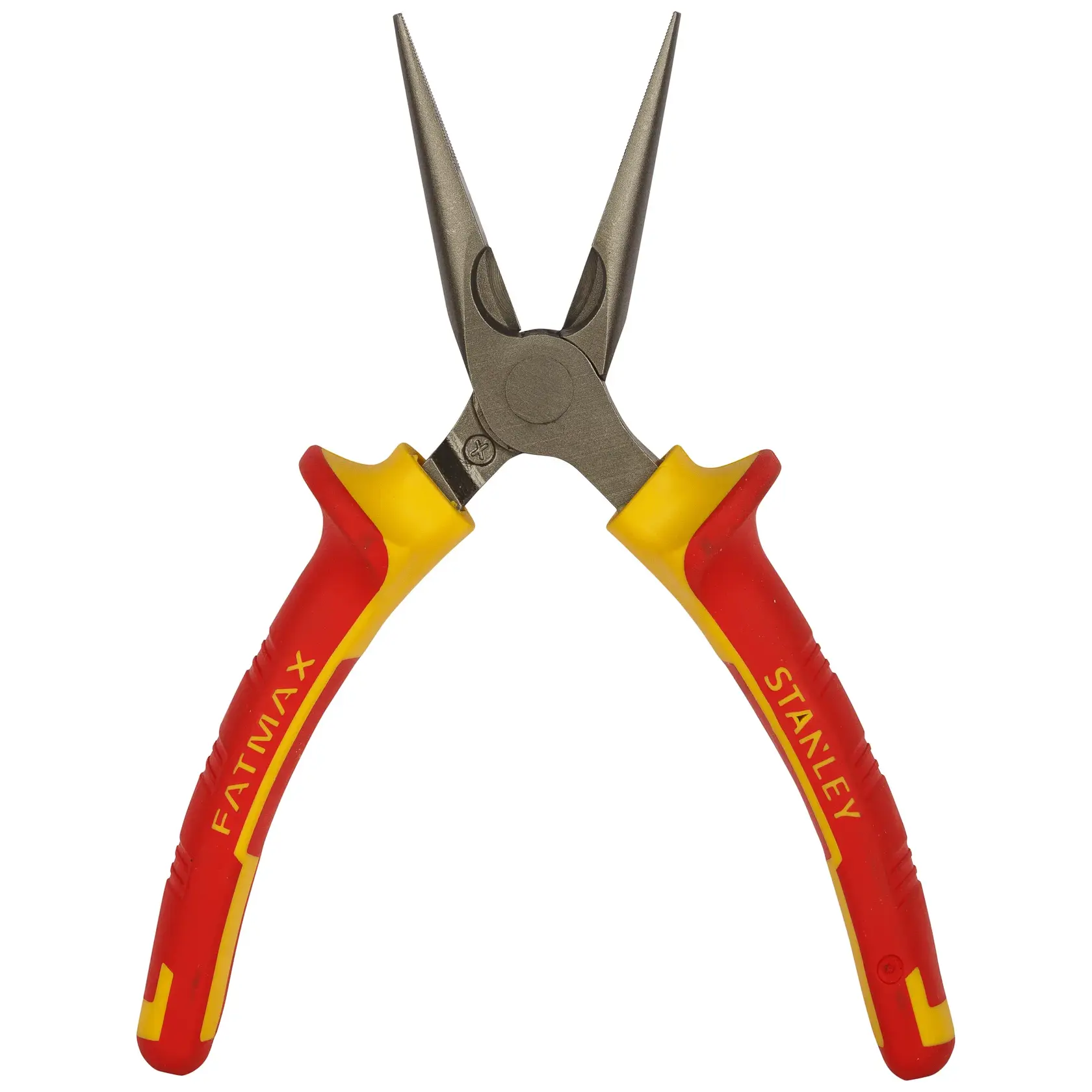 STANLEY 0-84-006 long nose pliers, red and yellow handles, front angle on white background.
