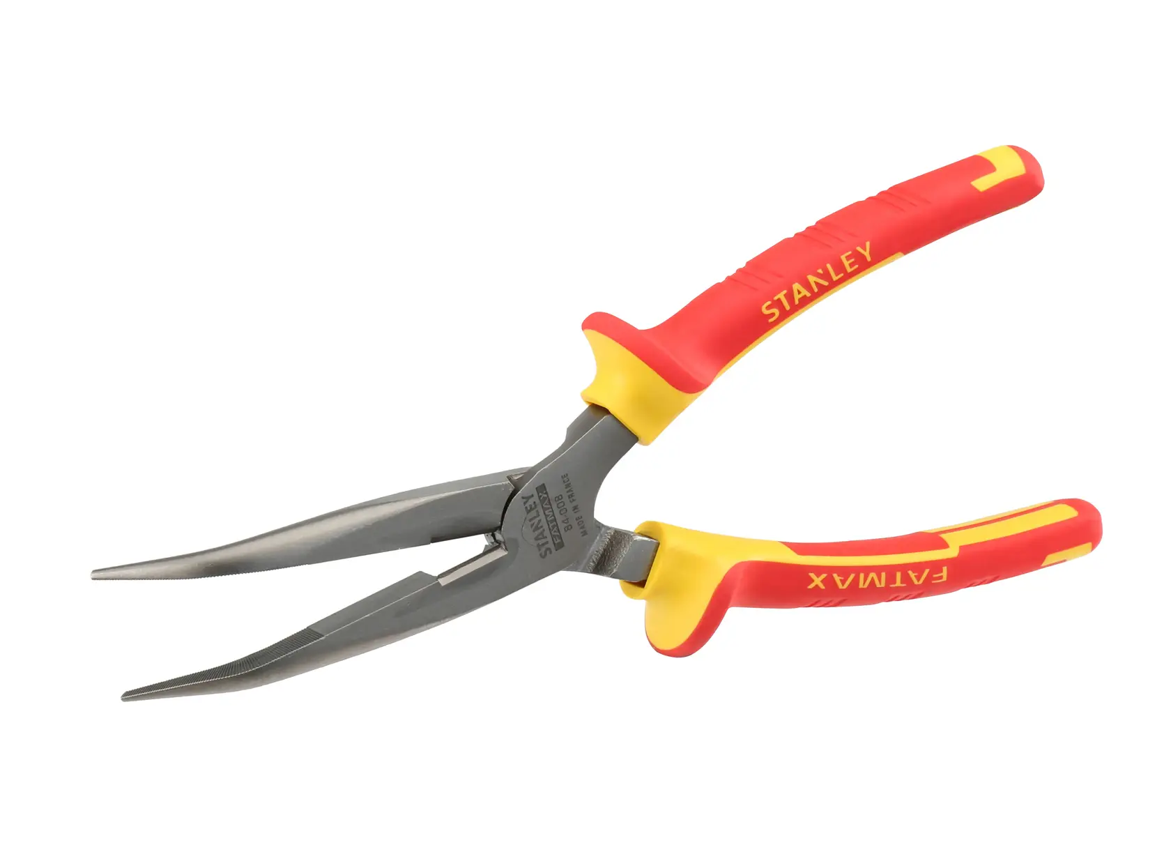 Stanley 0-84-008 insulated long nose pliers with red and yellow handles, side angle, on white background.