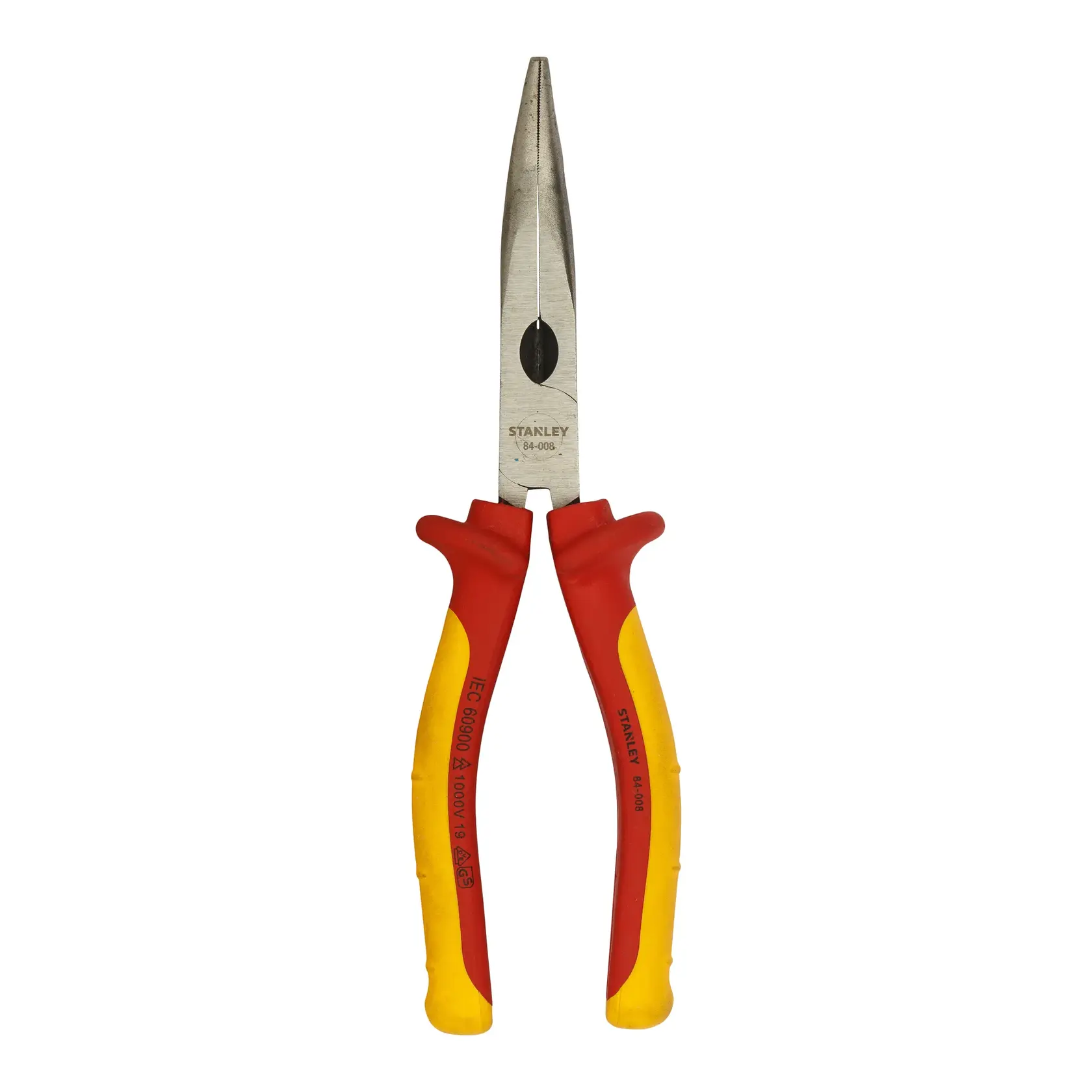 STANLEY 0-84-008 insulated long nose pliers, red and yellow handles, front angle, hand tool photography.