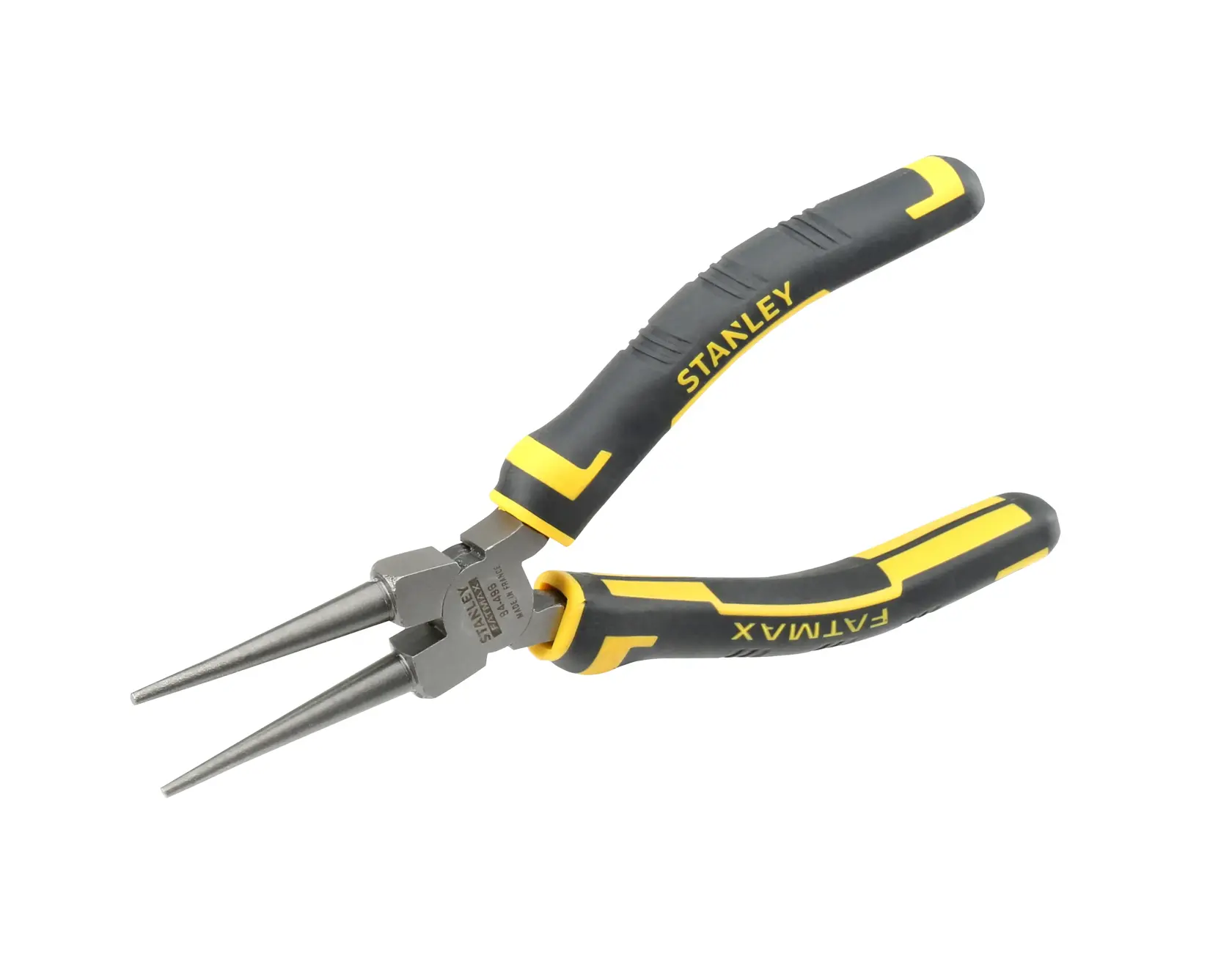 Stanley long nose pliers with black and yellow ergonomic handles, suitable for precision tasks.
