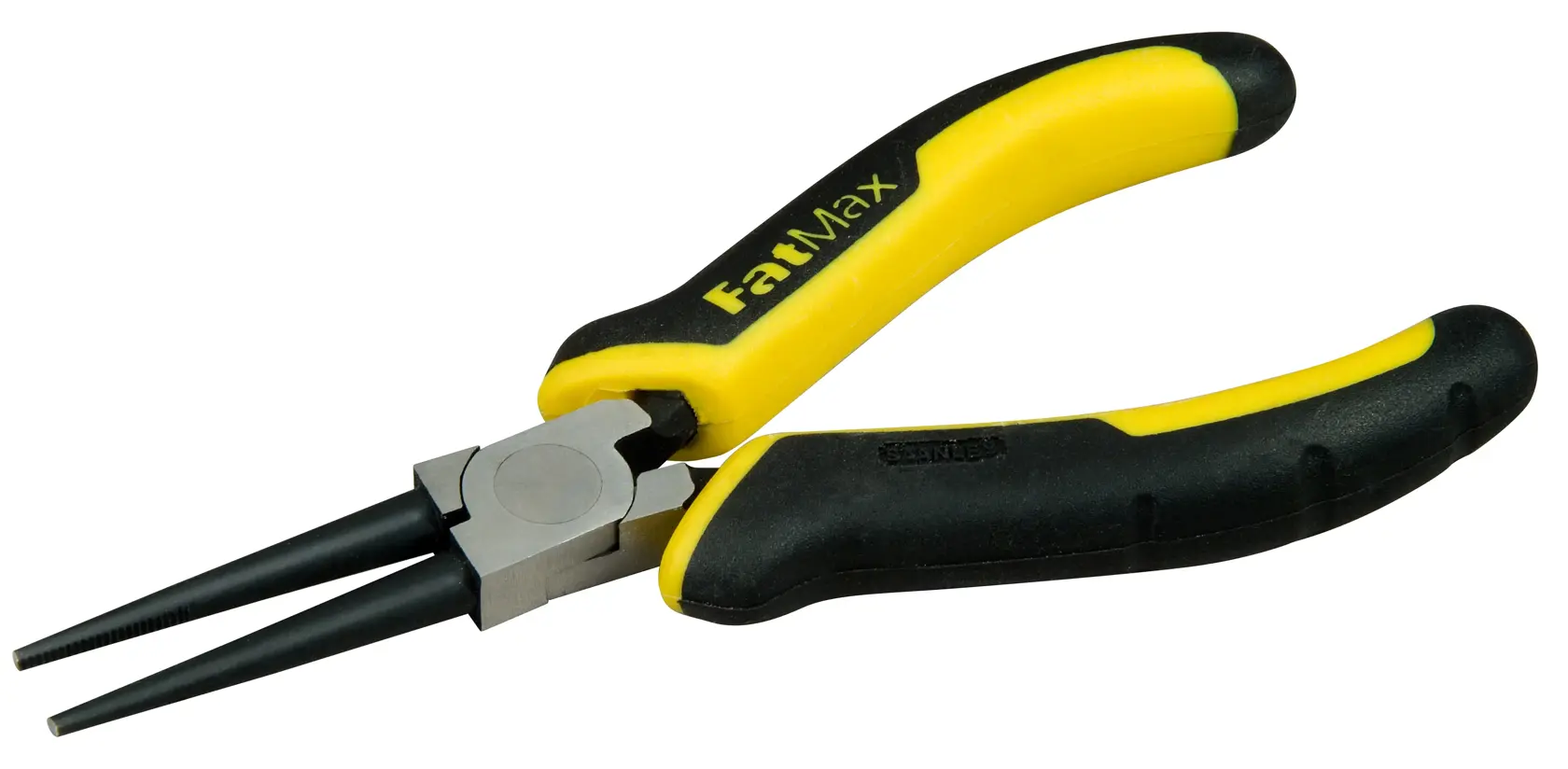 STANLEY 0-84-496 long nose pliers with yellow and black FatMax handles, angled side view on white background.