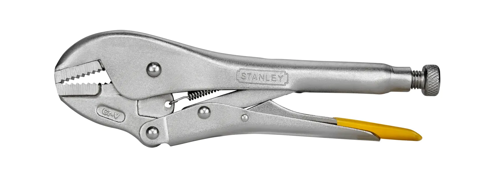 STANLEY 0-84-811 locking pliers, silver metal with yellow handle grip, side view on white background.