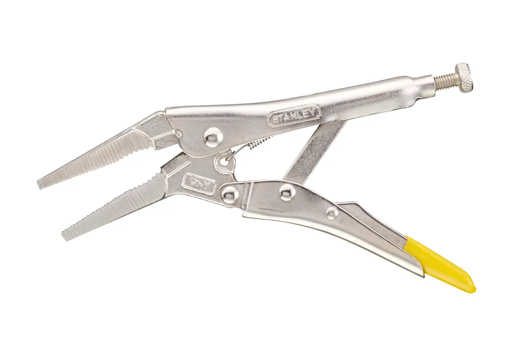 Stanley locking pliers with serrated jaws and a yellow handle grip, suitable for gripping and holding objects.