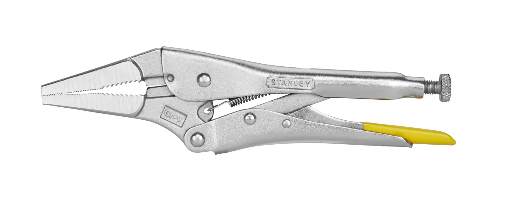 Stanley long nose locking pliers with a metal body and yellow handle detail, viewed on a white background.