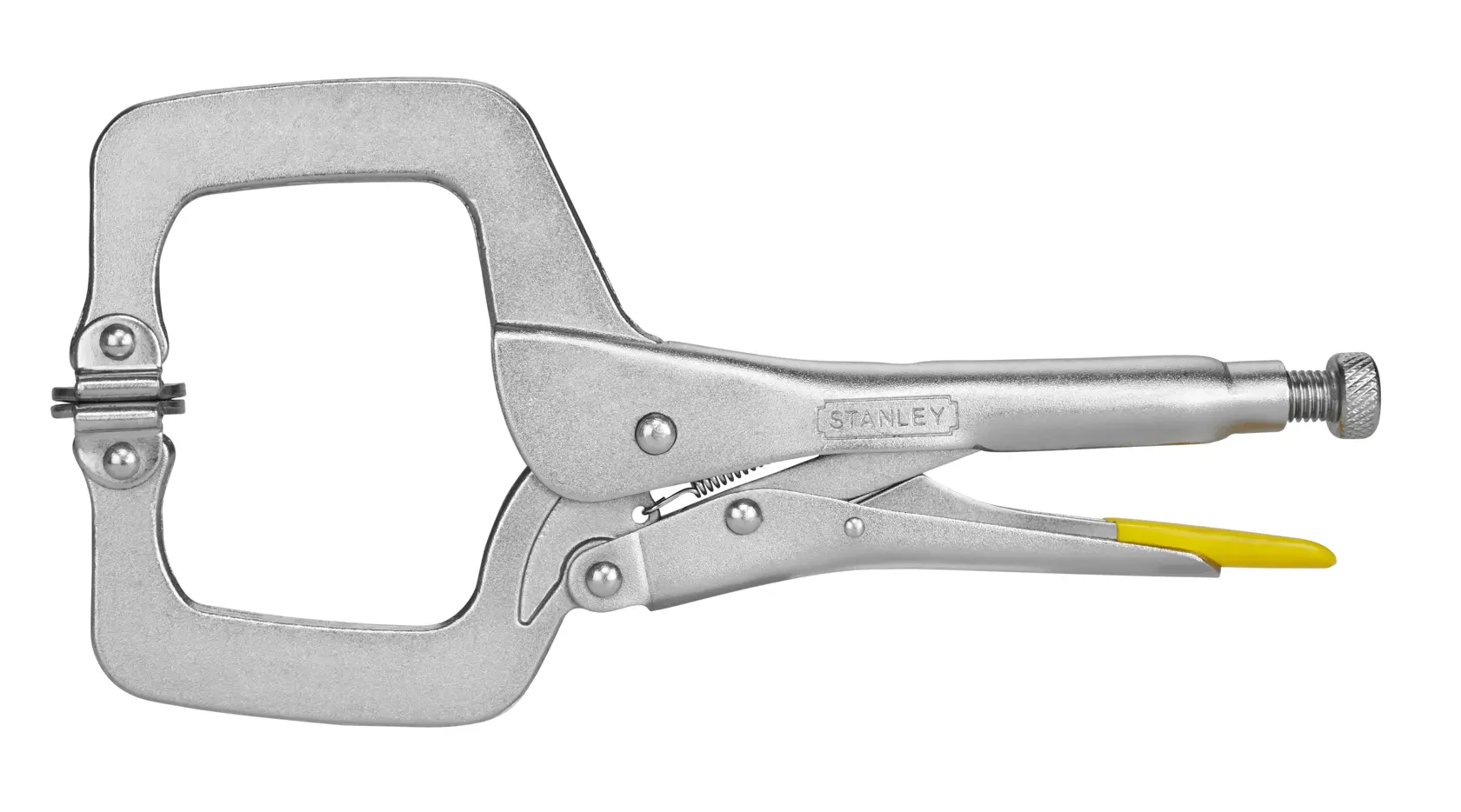 STANLEY 0-84-816 locking C-clamp with wide jaws, silver finish, side angle on white background.