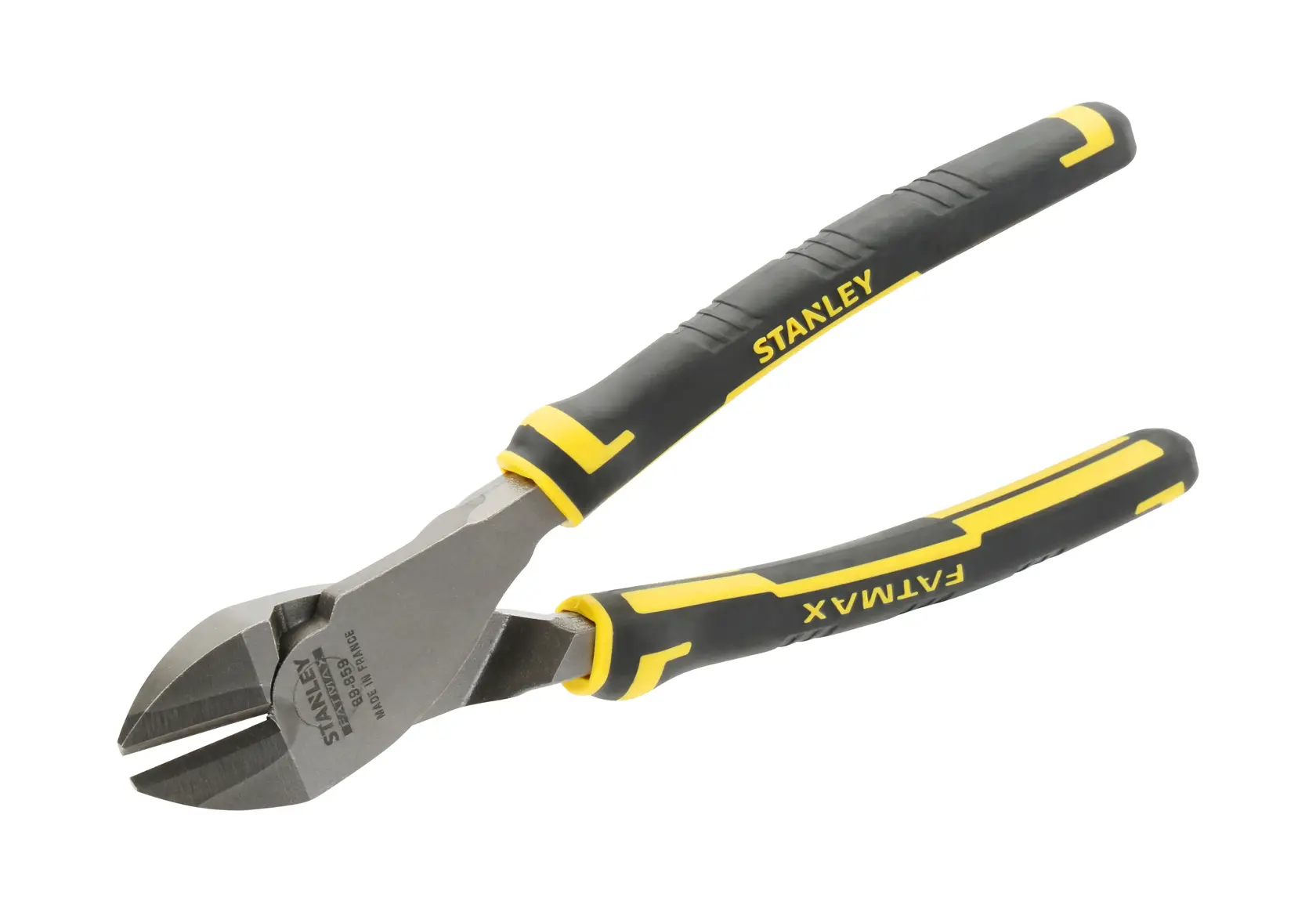 Stanley diagonal cutting pliers with yellow and black handles, shown on a white background.