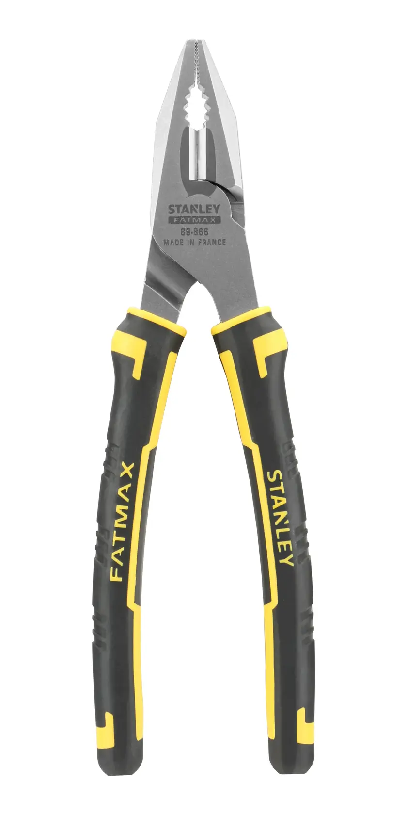 STANLEY 0-89-866 combination pliers, black and yellow handles, front angle, white background.