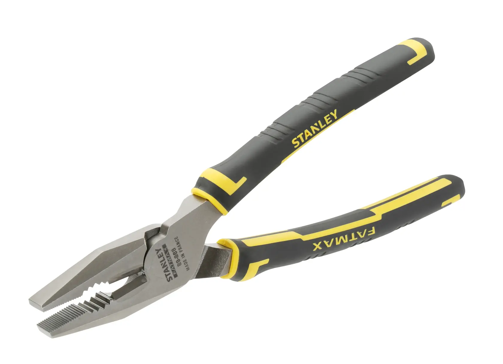 STANLEY 0-89-868 combination pliers with black and yellow FatMax handles, angled view on white background.