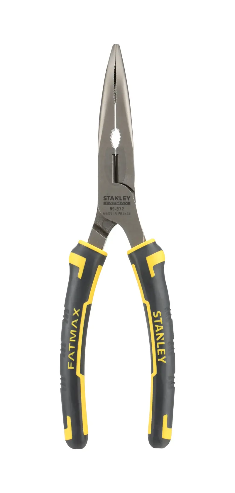 STANLEY 0-89-872 long nose pliers with black and yellow grip handles, front product photo on white background.
