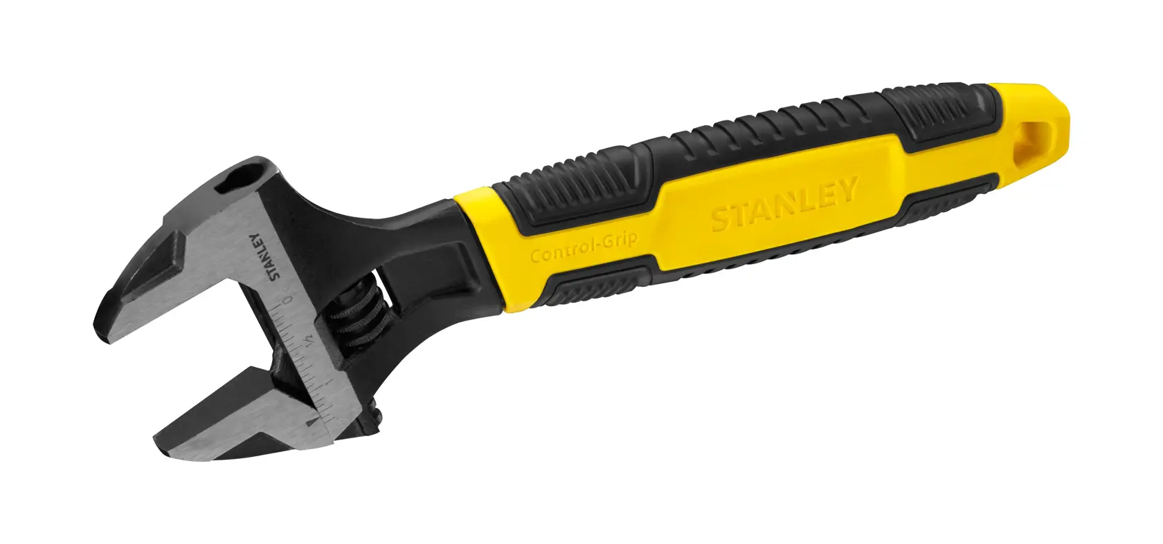 STANLEY 0-90-949 verstellbarer Schraubenschlüssel mit schwarz-gelbem Control-Grip Griff, Seitenansicht auf weißem Hintergrund.