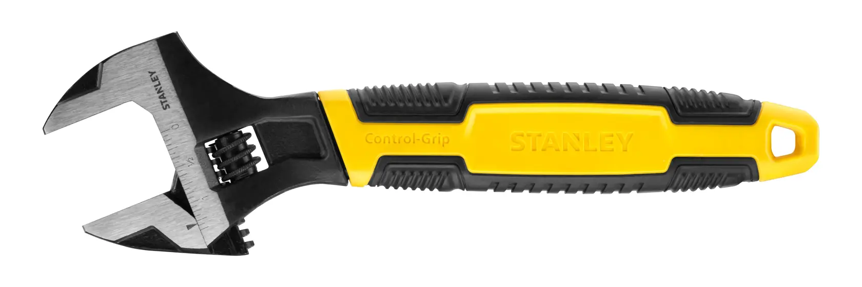 Stanley verstellbarer Schraubenschlüssel mit schwarzem und gelbem Griff und großem Maul für Befestigungsarbeiten.