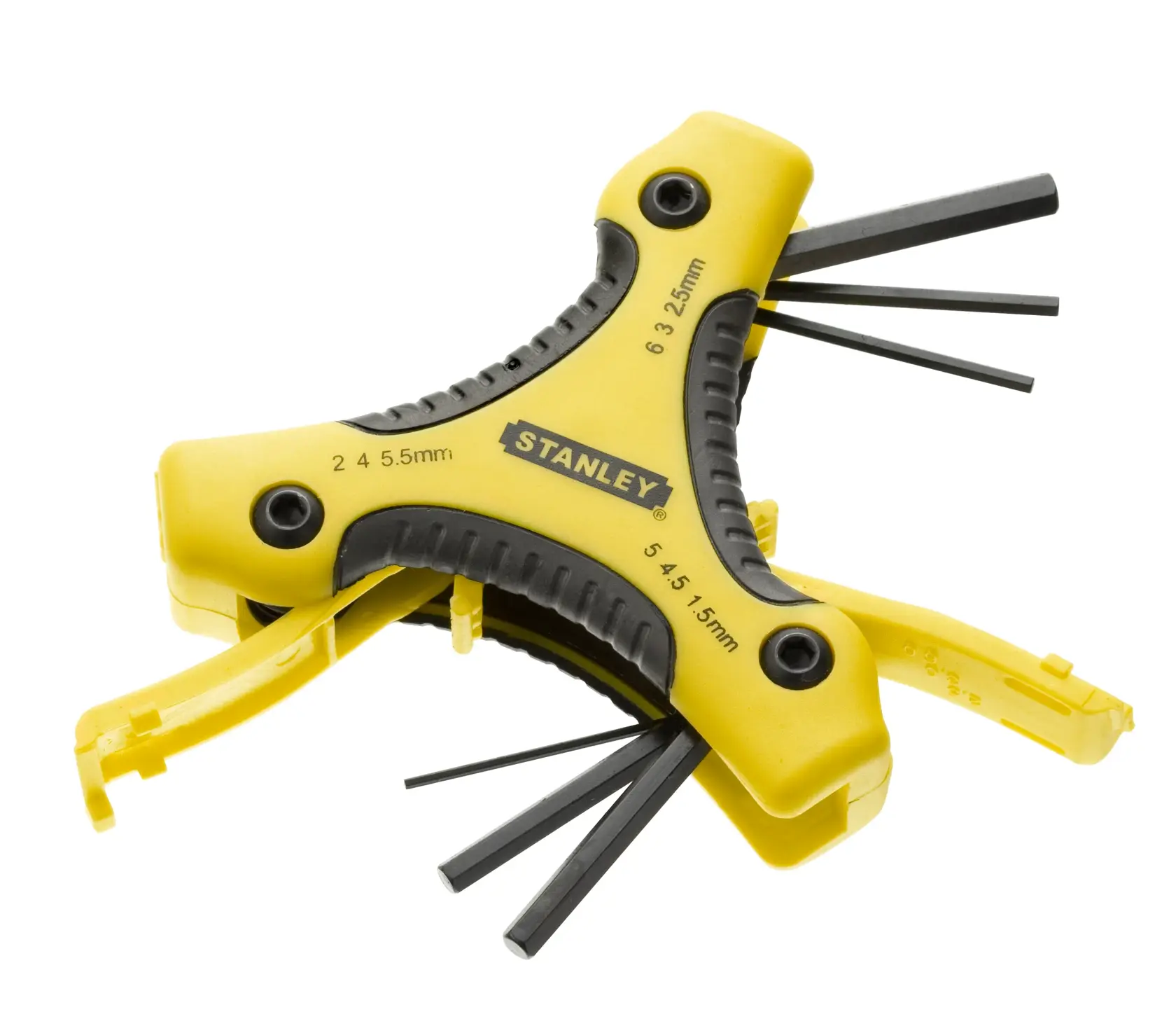 STANLEY 0-95-935 yellow and black folding hex key set with multiple sizes, top angle on white background.